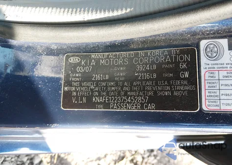 2007 Kia Spectra Ex z USA, uszkodzony, nr VIN KNAFE122375452857